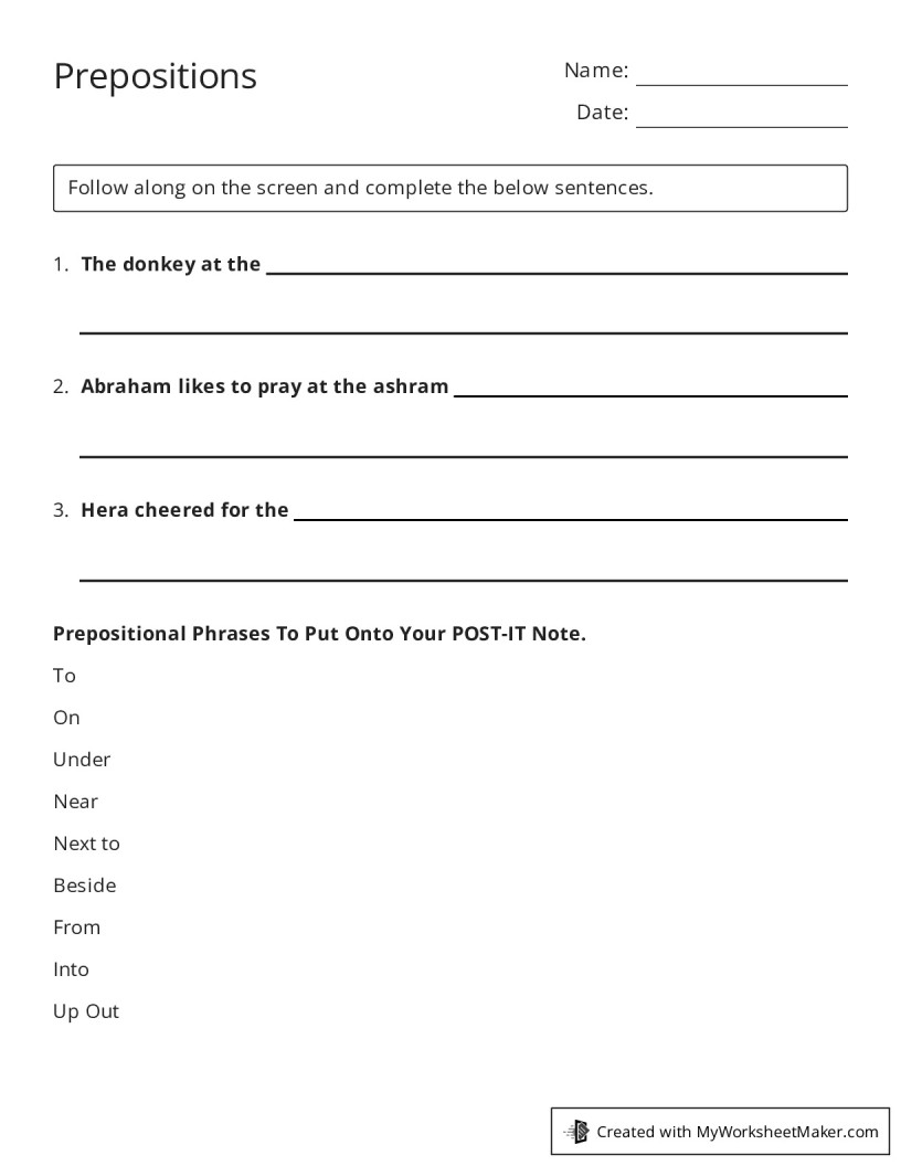 Prepositions - My Worksheet Maker: Create Your Own Worksheets