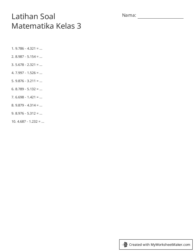 Latihan Soalmatematika Kelas 3 My Worksheet Maker Create Your Own
