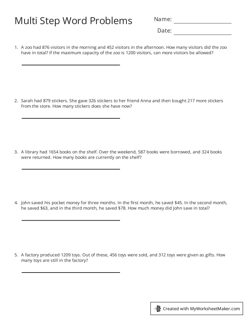 Multi Step Word Problems - My Worksheet Maker: Create Your Own Worksheets