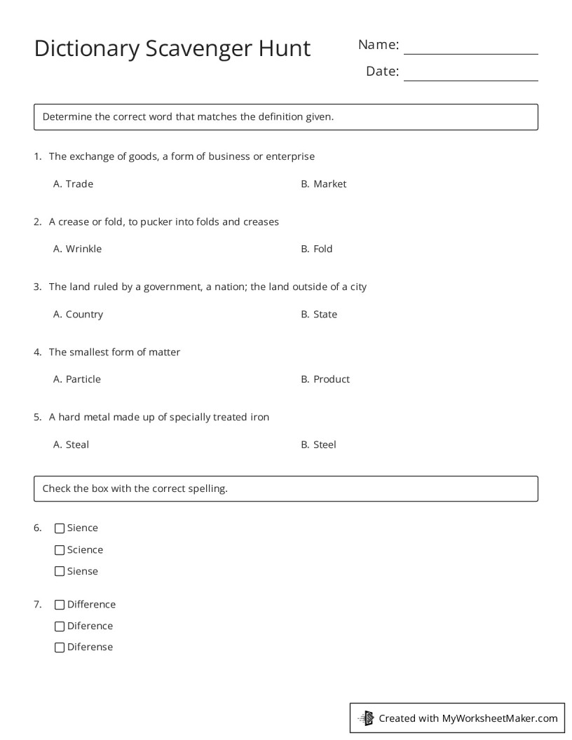 Dictionary Scavenger Hunt - My Worksheet Maker: Create Your Own Worksheets