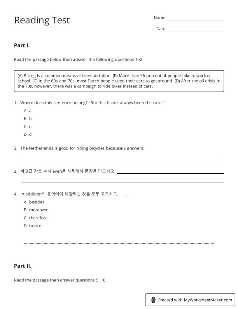 Reading Test - My Worksheet Maker: Create Your Own Worksheets