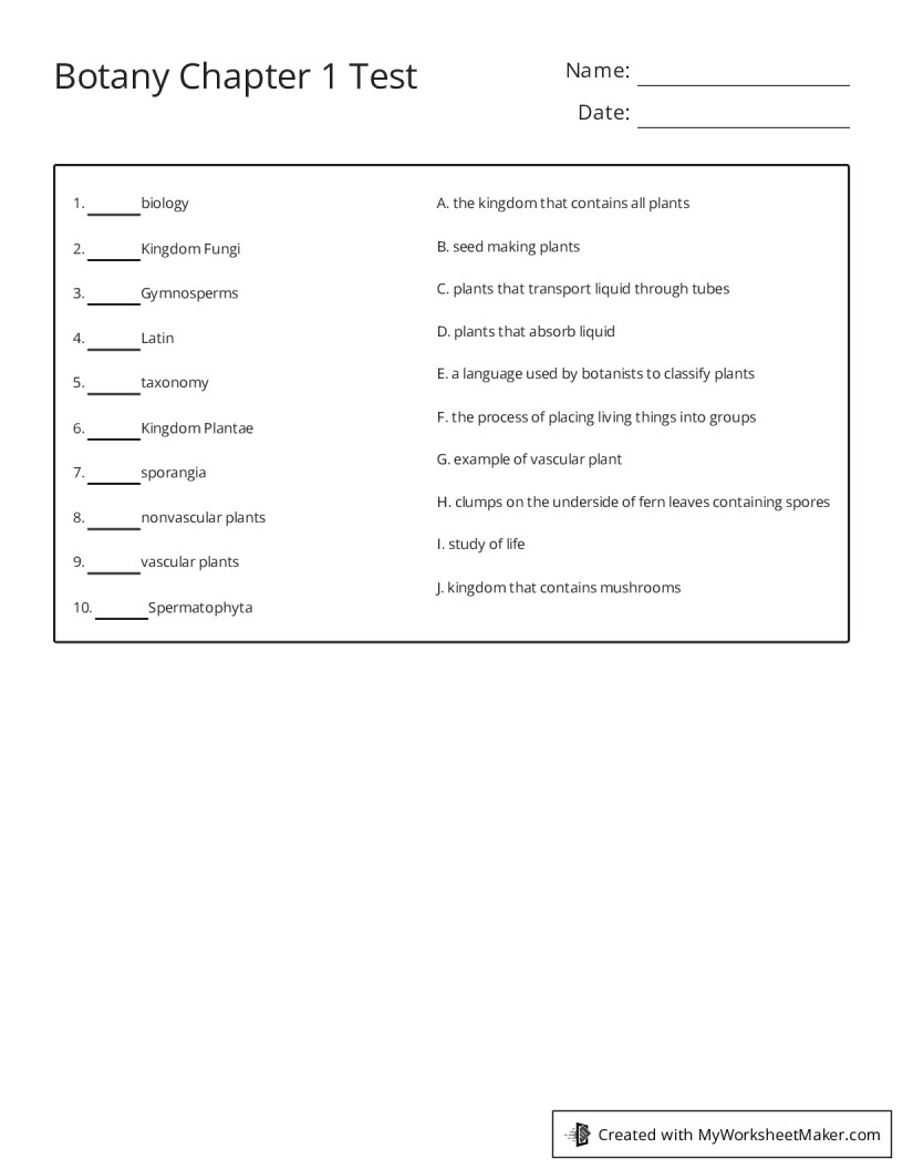 Botany Chapter 1 Test My Worksheet Maker Create Your Own Worksheets