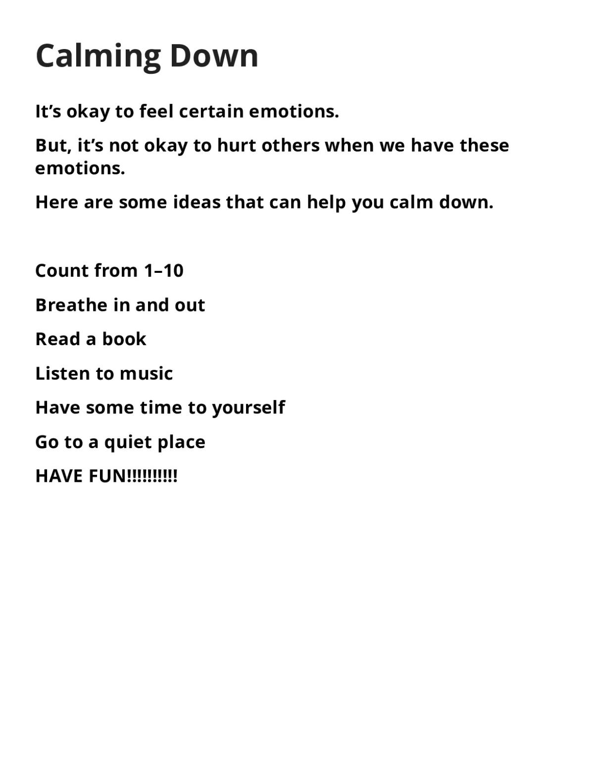 Pre-K social-emotional learning worksheet listing calming strategies including breathing, counting, reading, music, and quiet time.