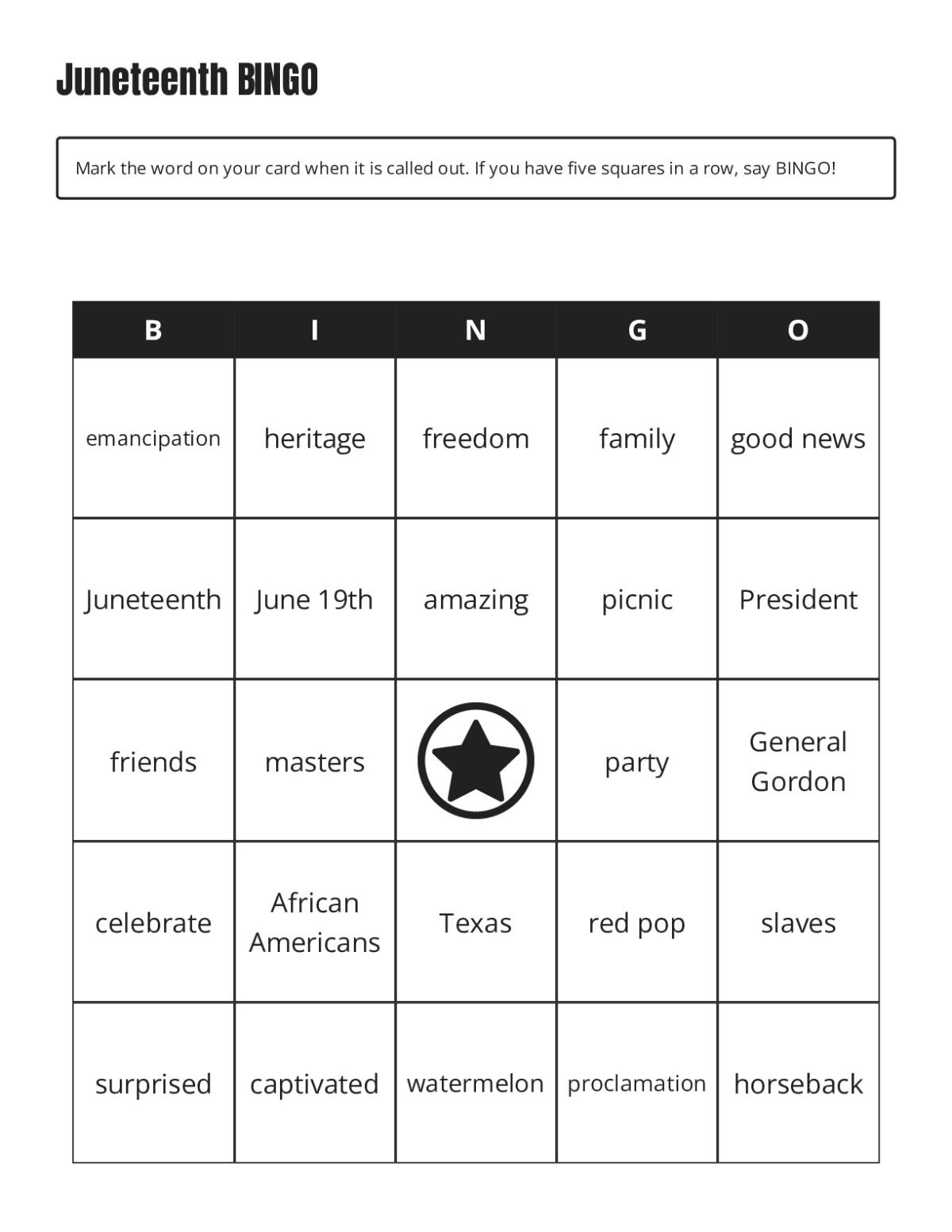 Juneteenth bingo cards with emancipation, freedom, and heritage vocabulary.