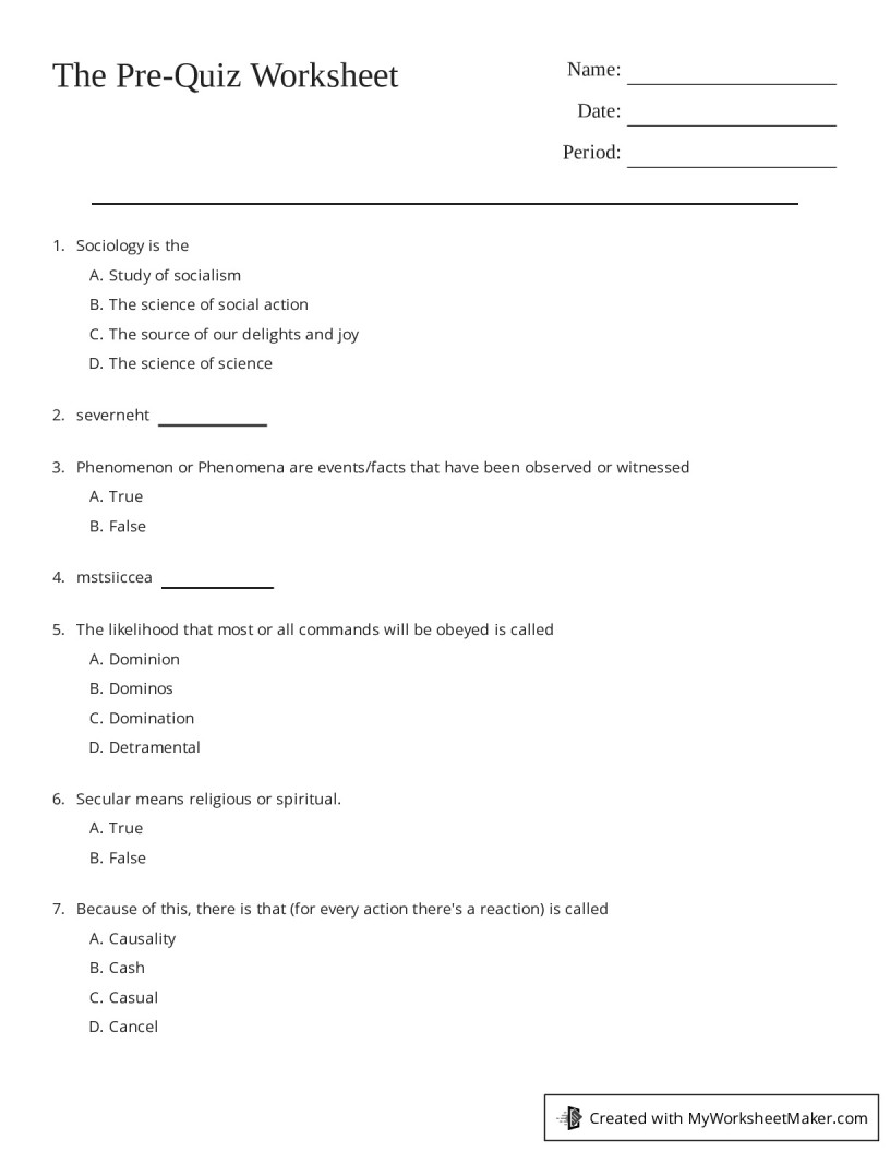 The Pre-Quiz Worksheet - My Worksheet Maker: Create Your Own Worksheets