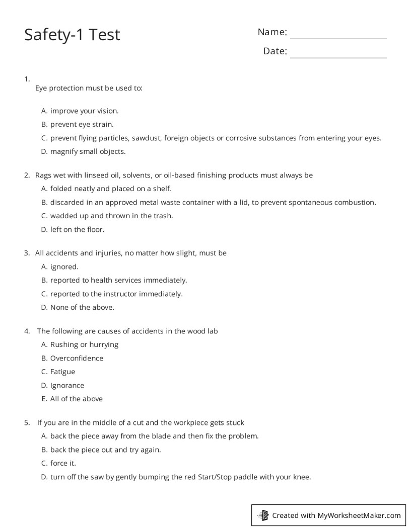Safety-1 Test - My Worksheet Maker: Create Your Own Worksheets