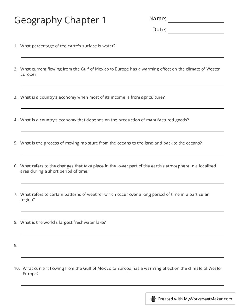 Geography Chapter 1 My Worksheet Maker Create Your Own Worksheets