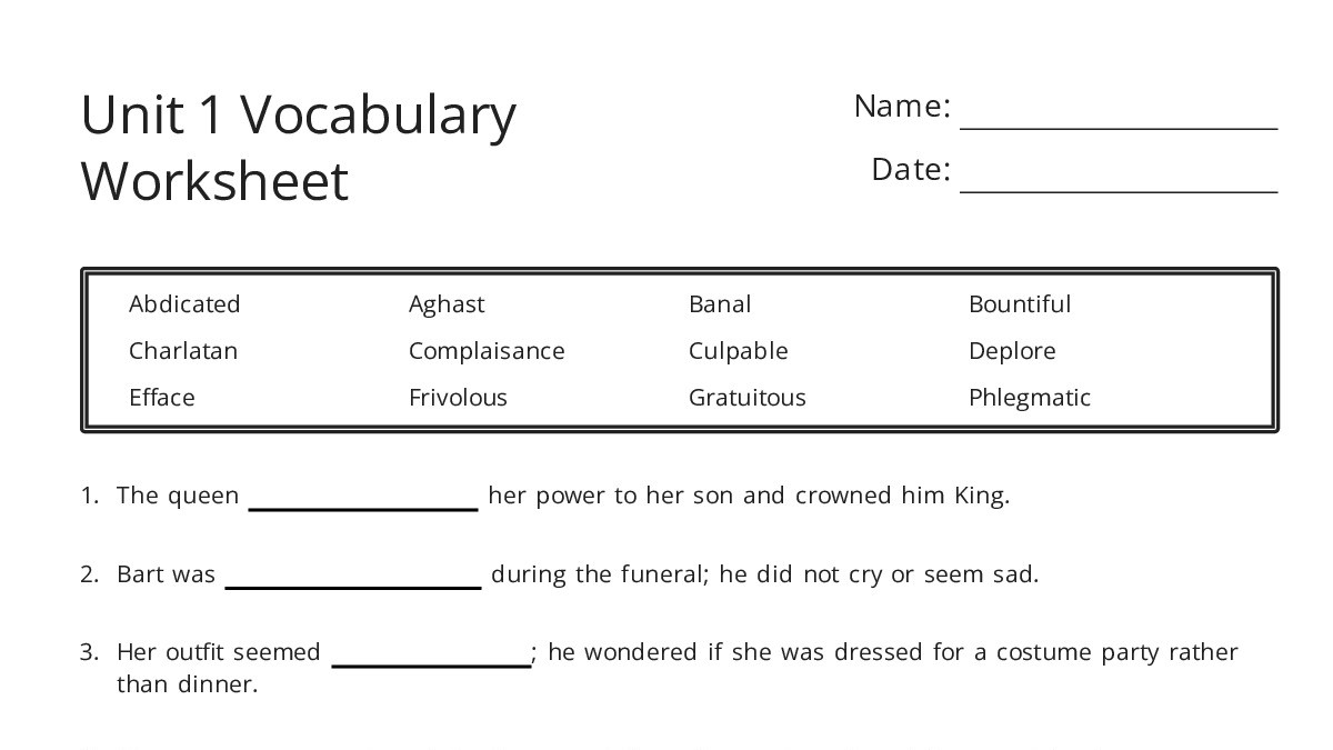 Unit 1 Vocabulary Worksheet - My Worksheet Maker: Create Your Own ...