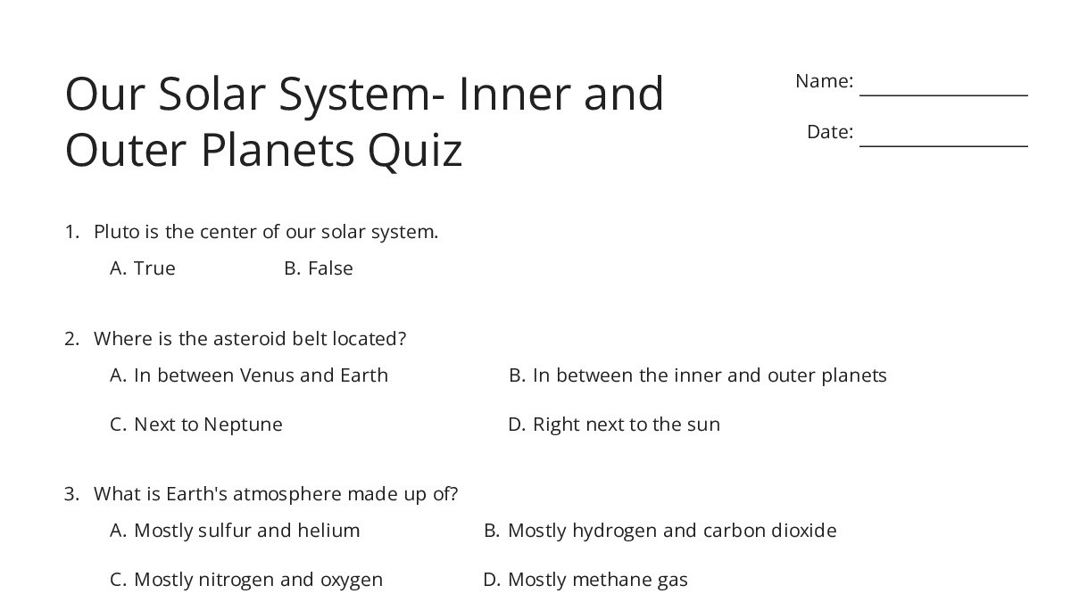 Our Solar System- Inner and Outer Planets Quiz - My Worksheet Maker ...