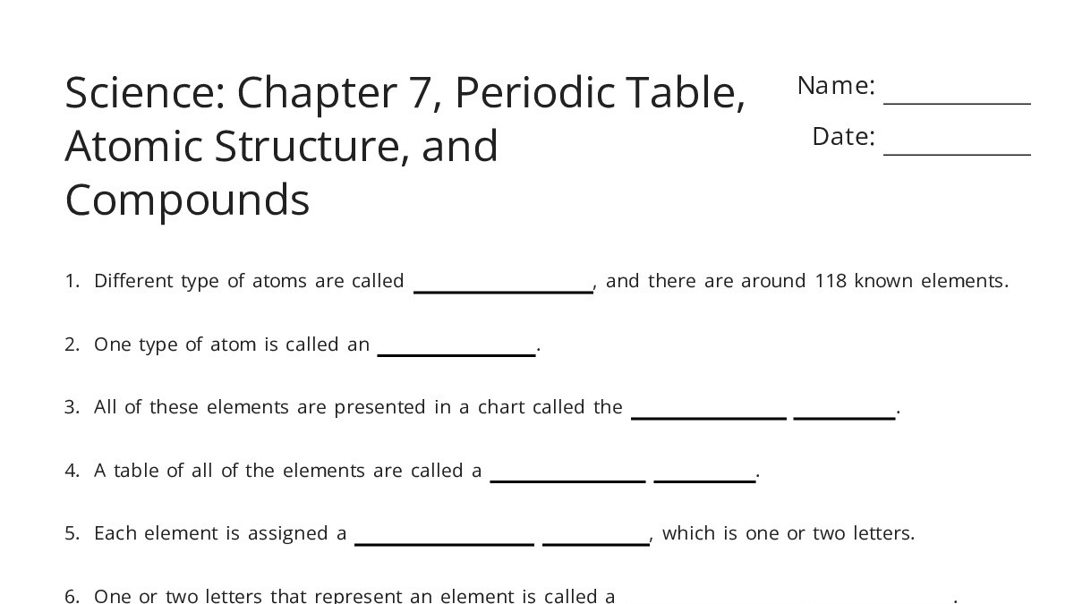 Science: Chapter 7, Periodic Table, Atomic Structure, and Compounds ...