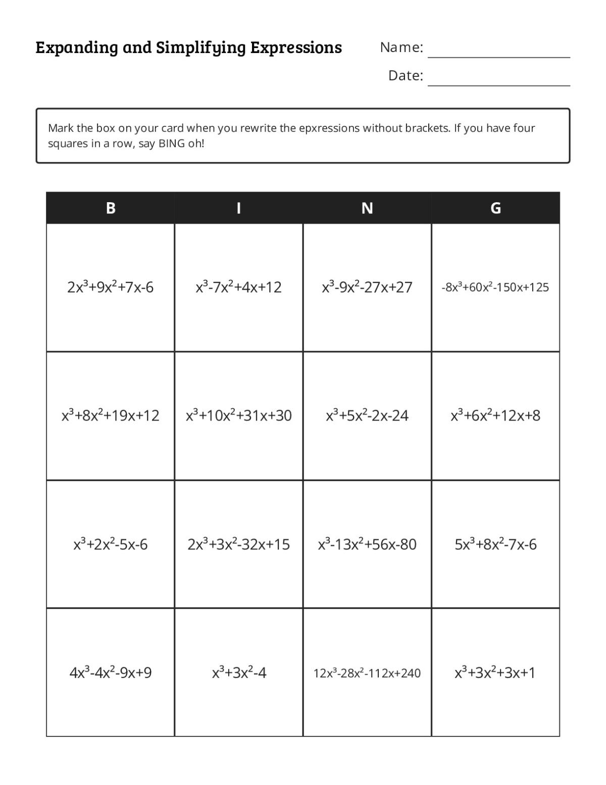 Bingo cards with polynomial expressions for expanding and simplifying algebraic terms.