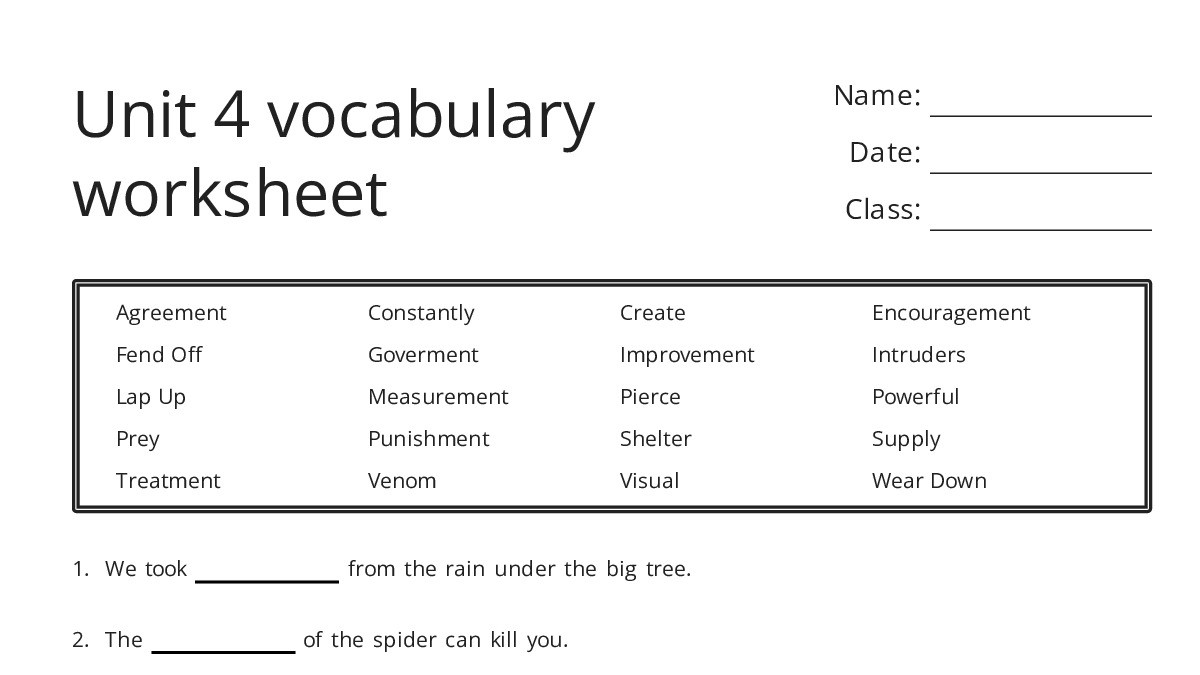Unit 4 vocabulary worksheet - My Worksheet Maker: Create Your Own ...