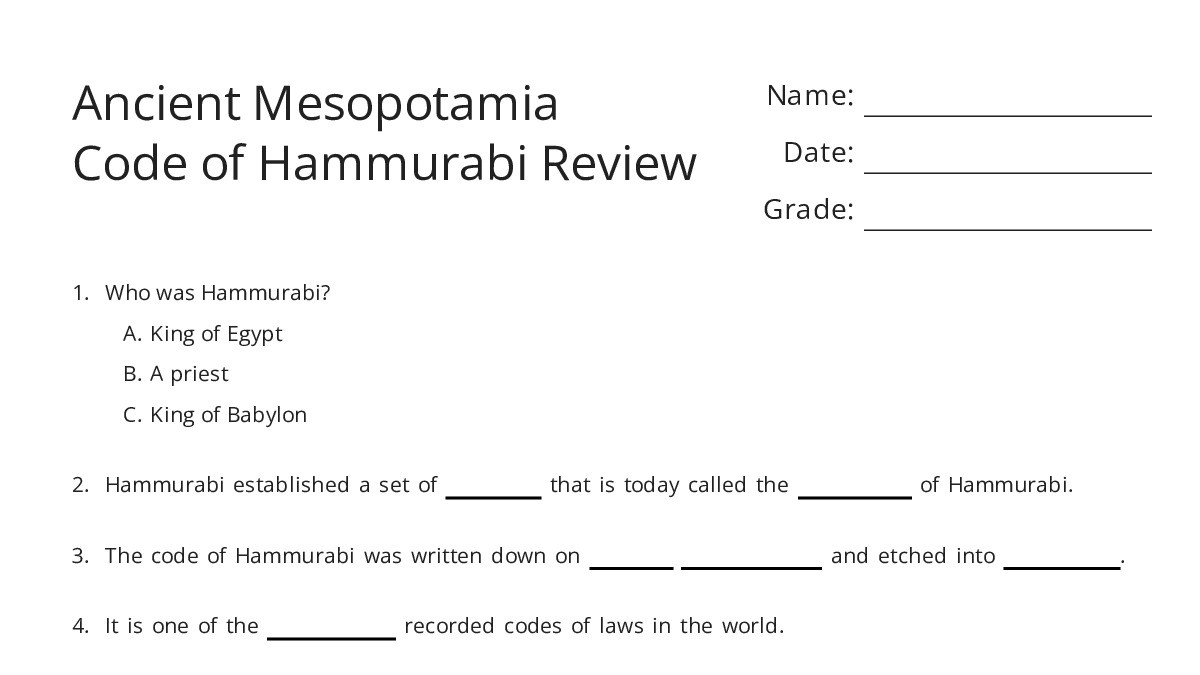 Ancient Mesopotamia Code of Hammurabi Review - My Worksheet Maker ...