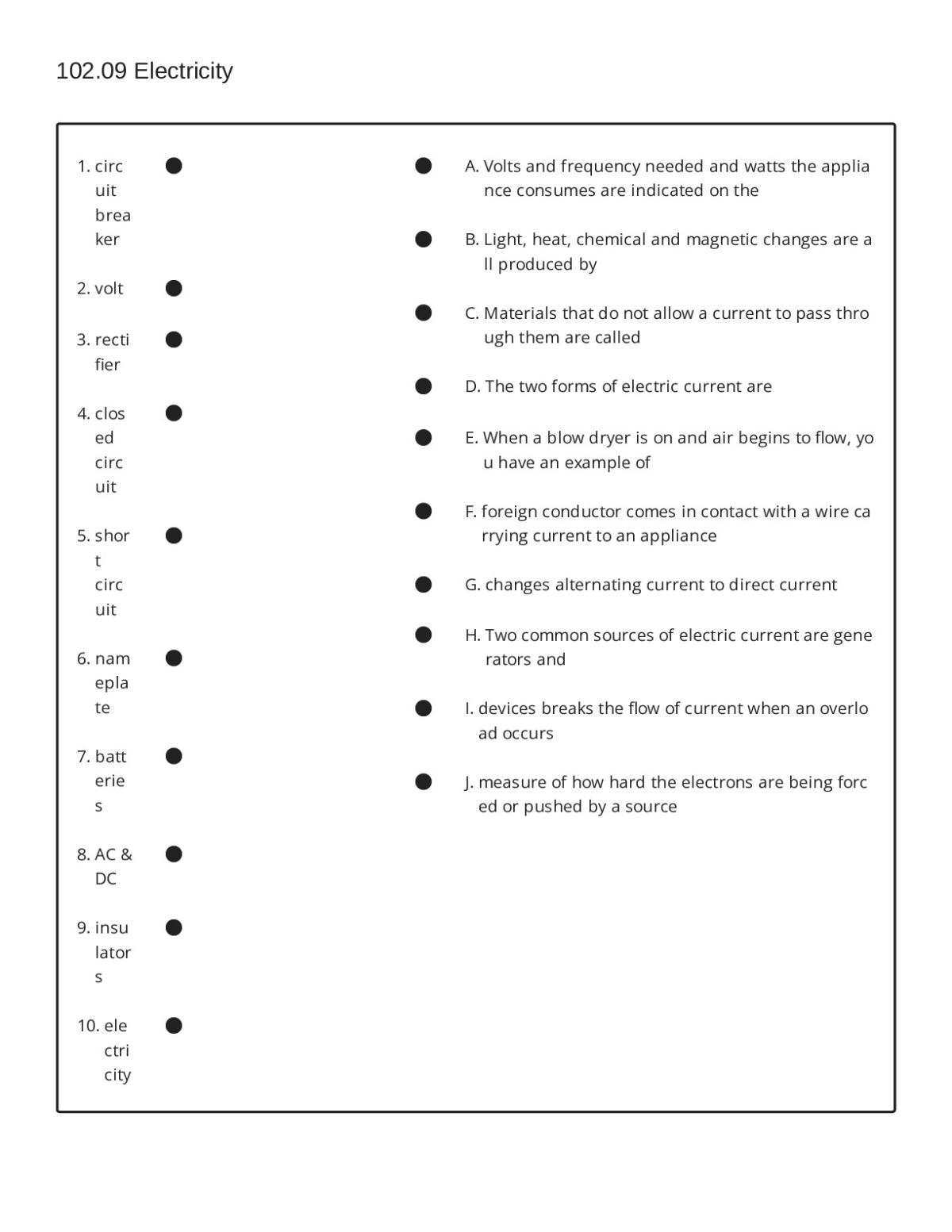 College-level electricity matching worksheet with terms like circuit breaker, volt, and rectifier paired with definitions.
