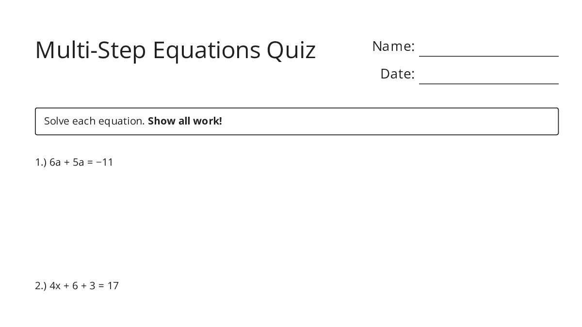 Multi-Step Equations Quiz - My Worksheet Maker: Create Your Own Worksheets