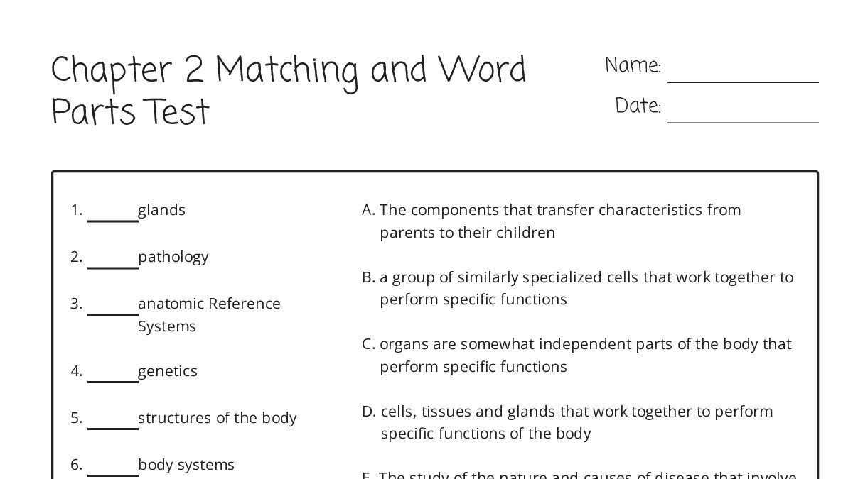 Chapter 2 Matching and Word Parts Test - My Worksheet Maker: Create ...