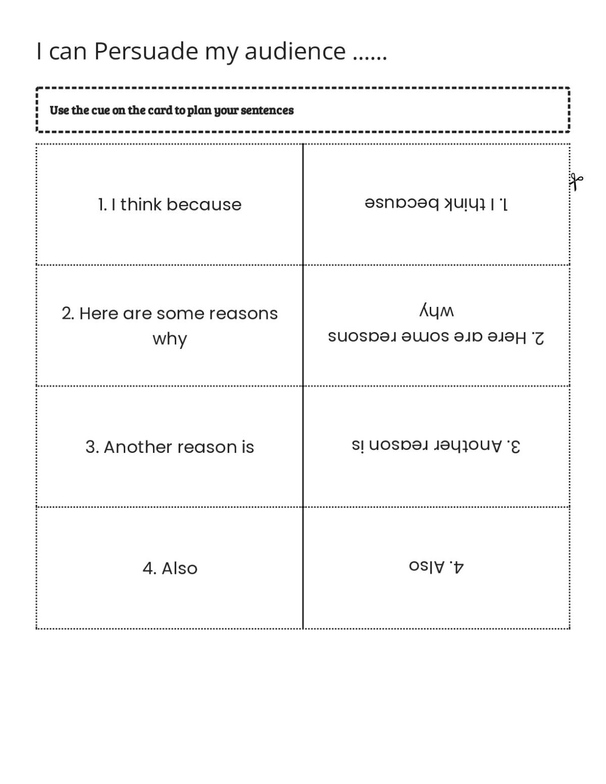 Persuasive writing sentence starters and transitions for Grade 7, including "Furthermore" and "However."