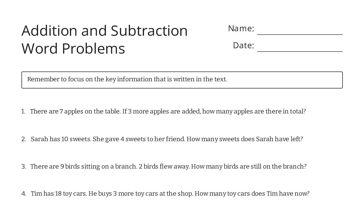 Addition and Subtraction Word Problems - My Worksheet Maker: Create ...
