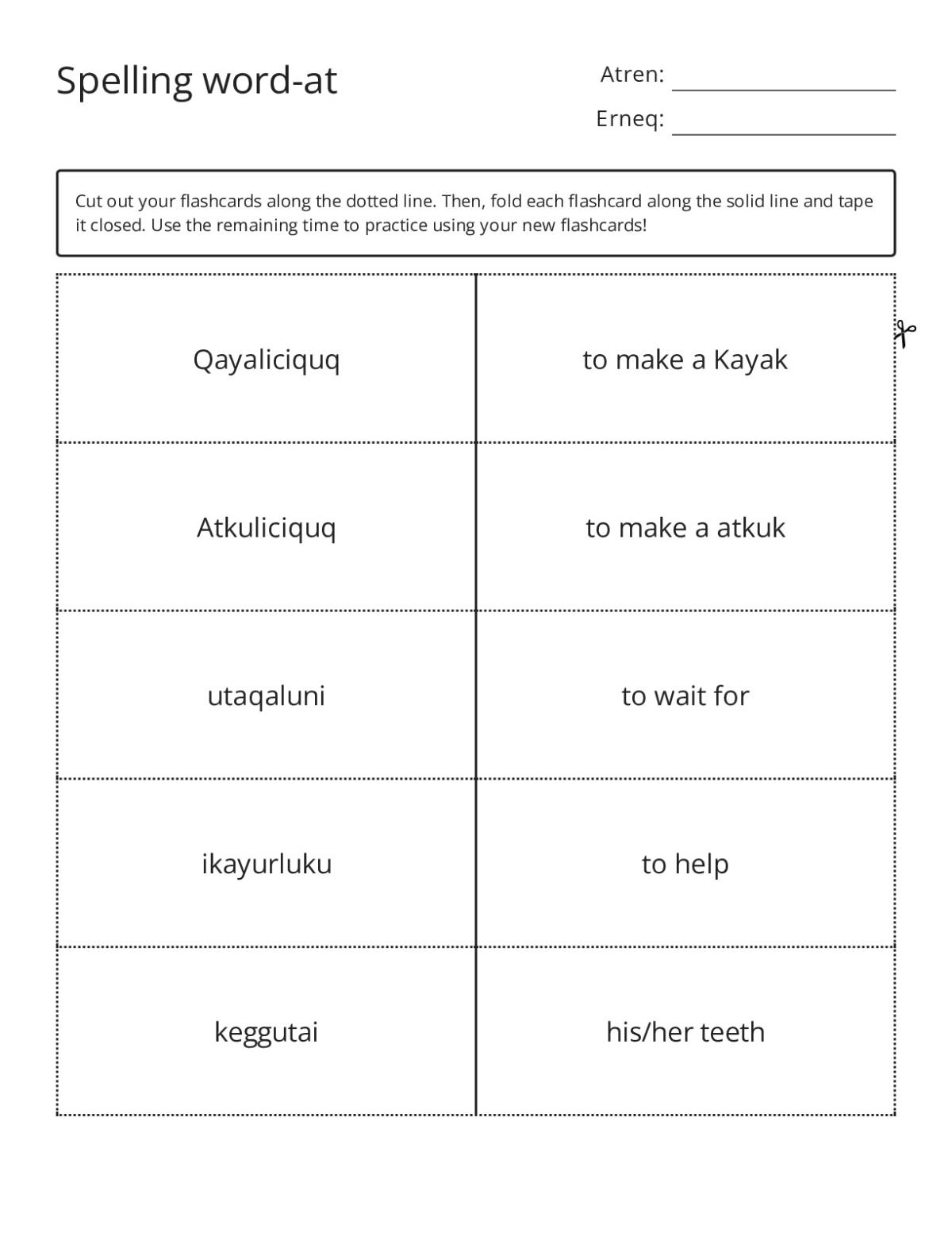 Yup'ik language spelling flashcards for Grades 3–4.