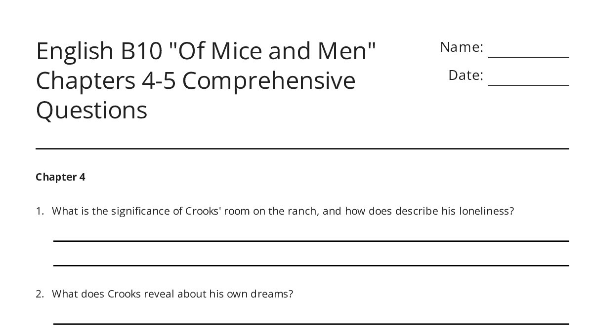 English B10 "Of Mice and Men" Chapters 4-5 Comprehensive Questions - My ...
