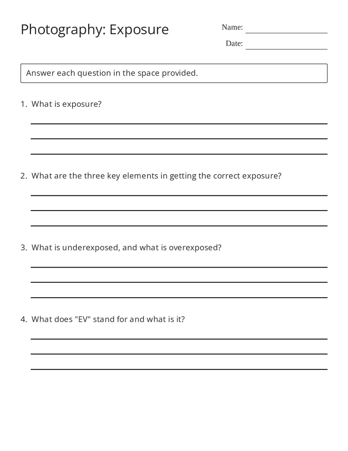 Printable 7th grade photography worksheet with questions on exposure, aperture, shutter speed, and ISO settings.