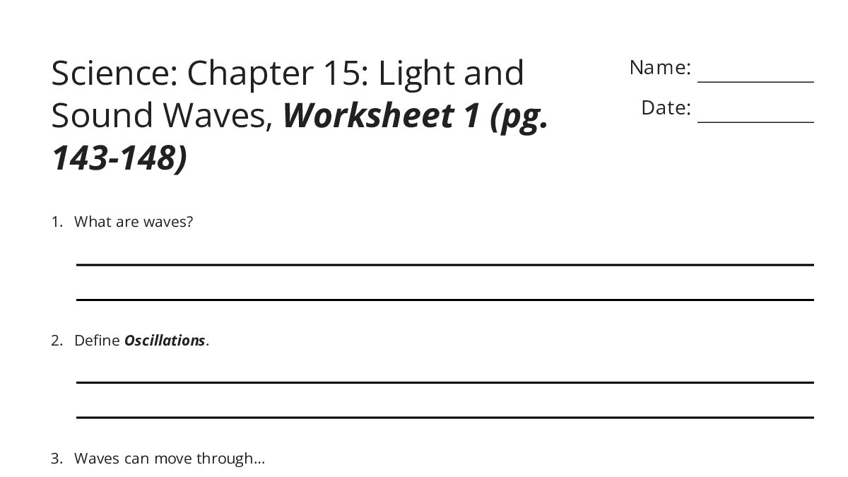 Science: Chapter 15: Light and Sound Waves, Worksheet 1 (pg. 143-148 ...