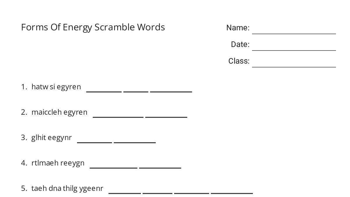 Forms Of Energy Scramble Words - My Worksheet Maker: Create Your Own ...