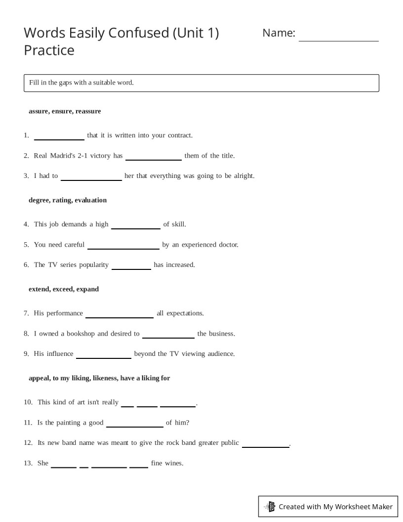 Words Easily Confused (Unit 1) Practice - My Worksheet Maker: Create ...