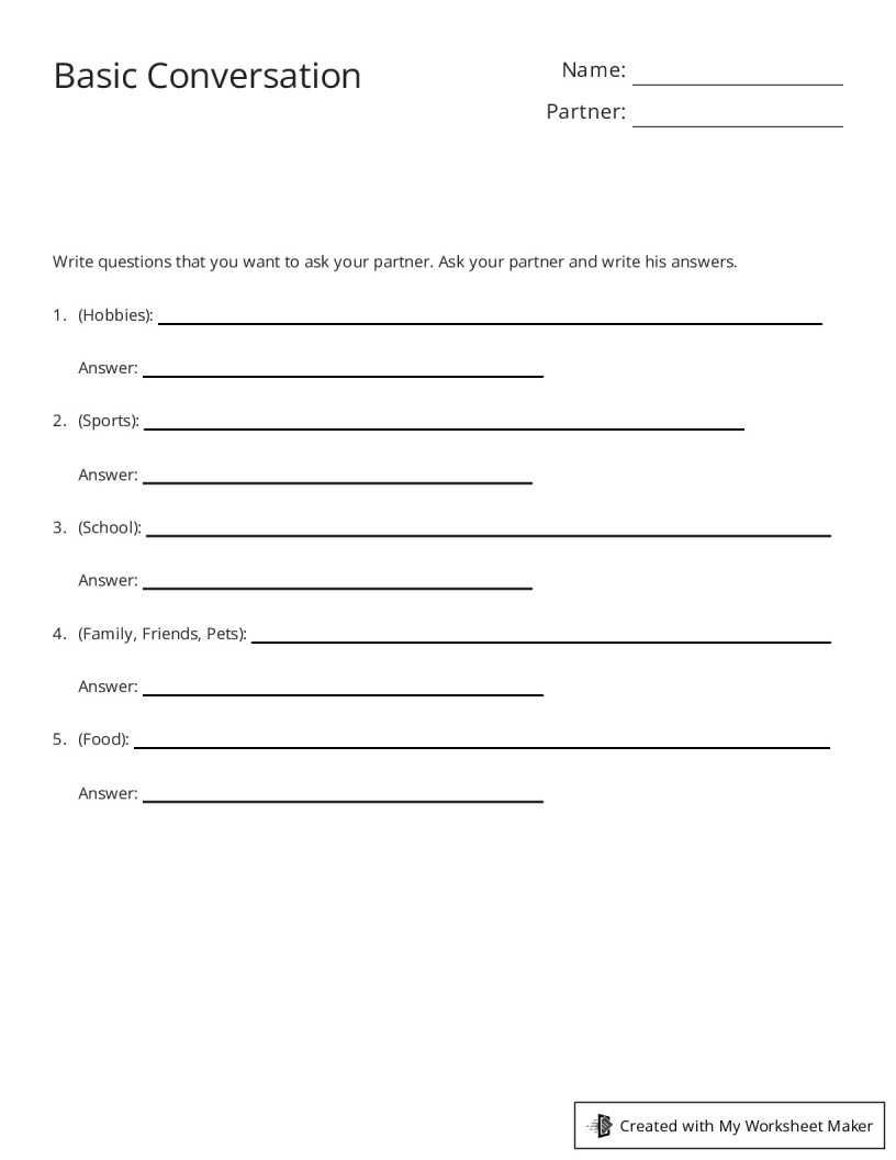Basic Conversation My Worksheet Maker Create Your Own Worksheets Basic Conversation My Worksheet Maker Create Your Own Worksheets