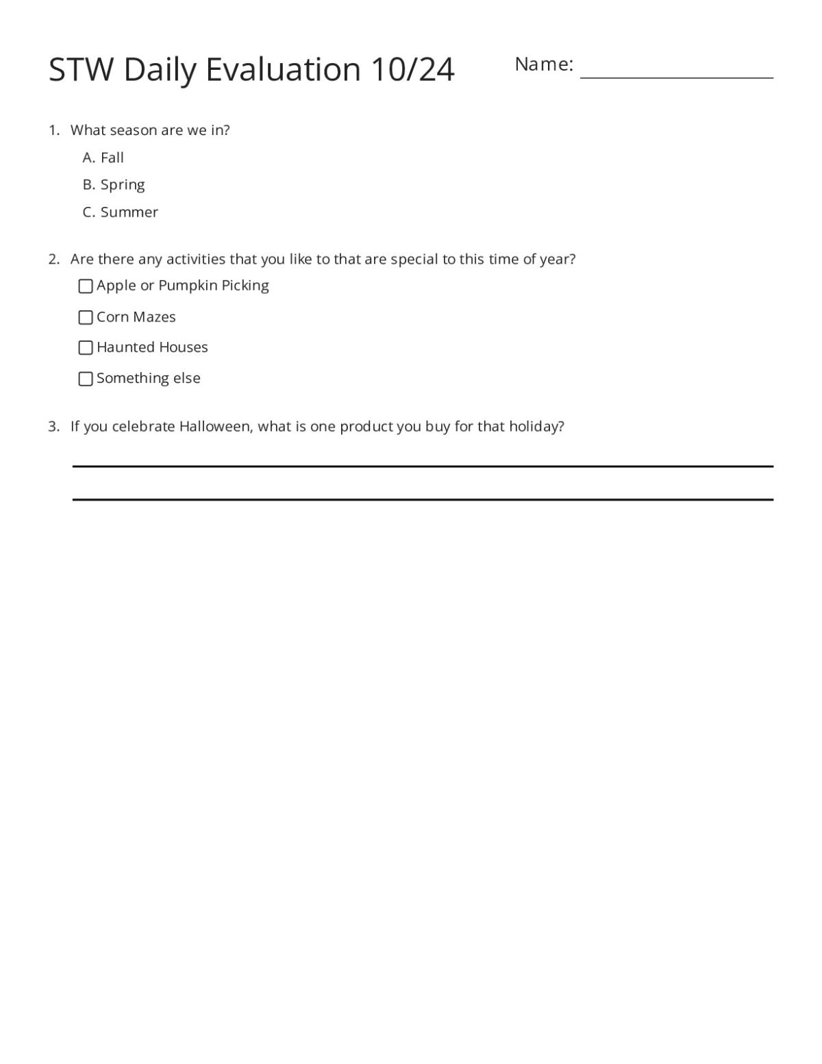 Printable fall seasonal worksheet for Grades 3 and 4 with questions about the current season and October activities like pumpkin picking and Halloween.