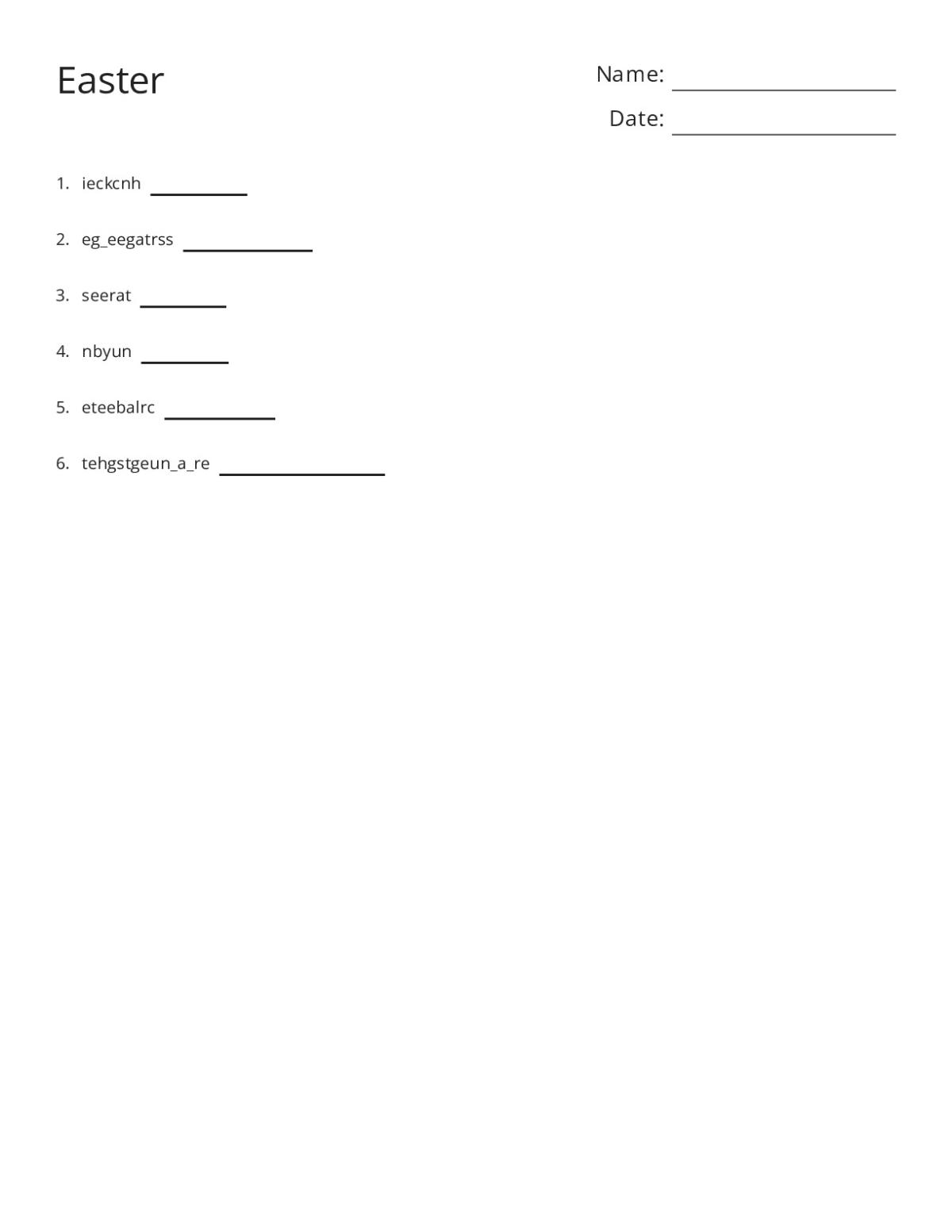 Printable 2nd grade Easter word scramble with six holiday-themed words including bunny, Easter eggs, and Easter egg hunt.