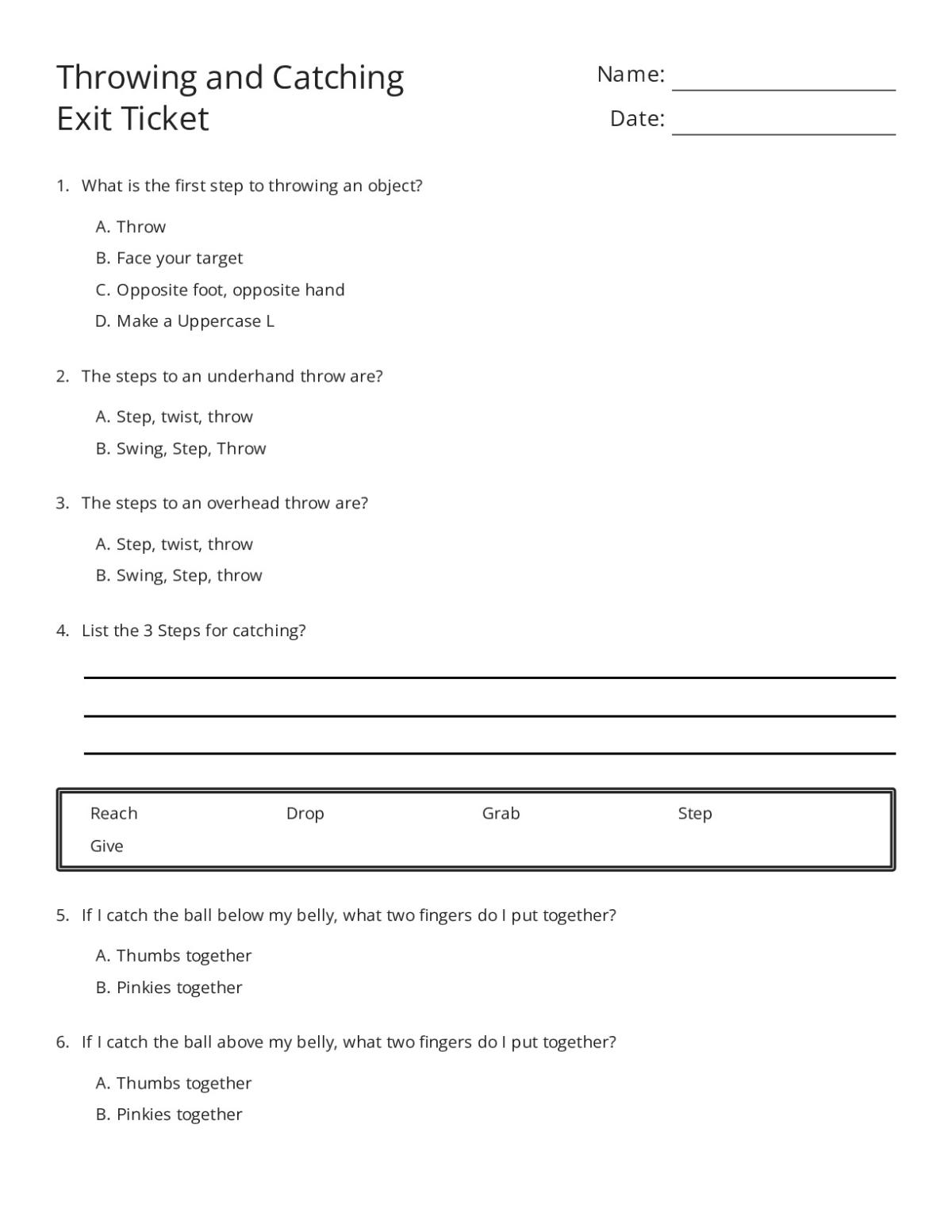 Physical education exit ticket for Grades 3–5 with questions on throwing and catching techniques and hand positions.