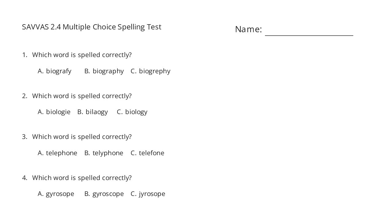 SAVVAS 2.4 Multiple Choice Spelling Test - My Worksheet Maker: Create ...