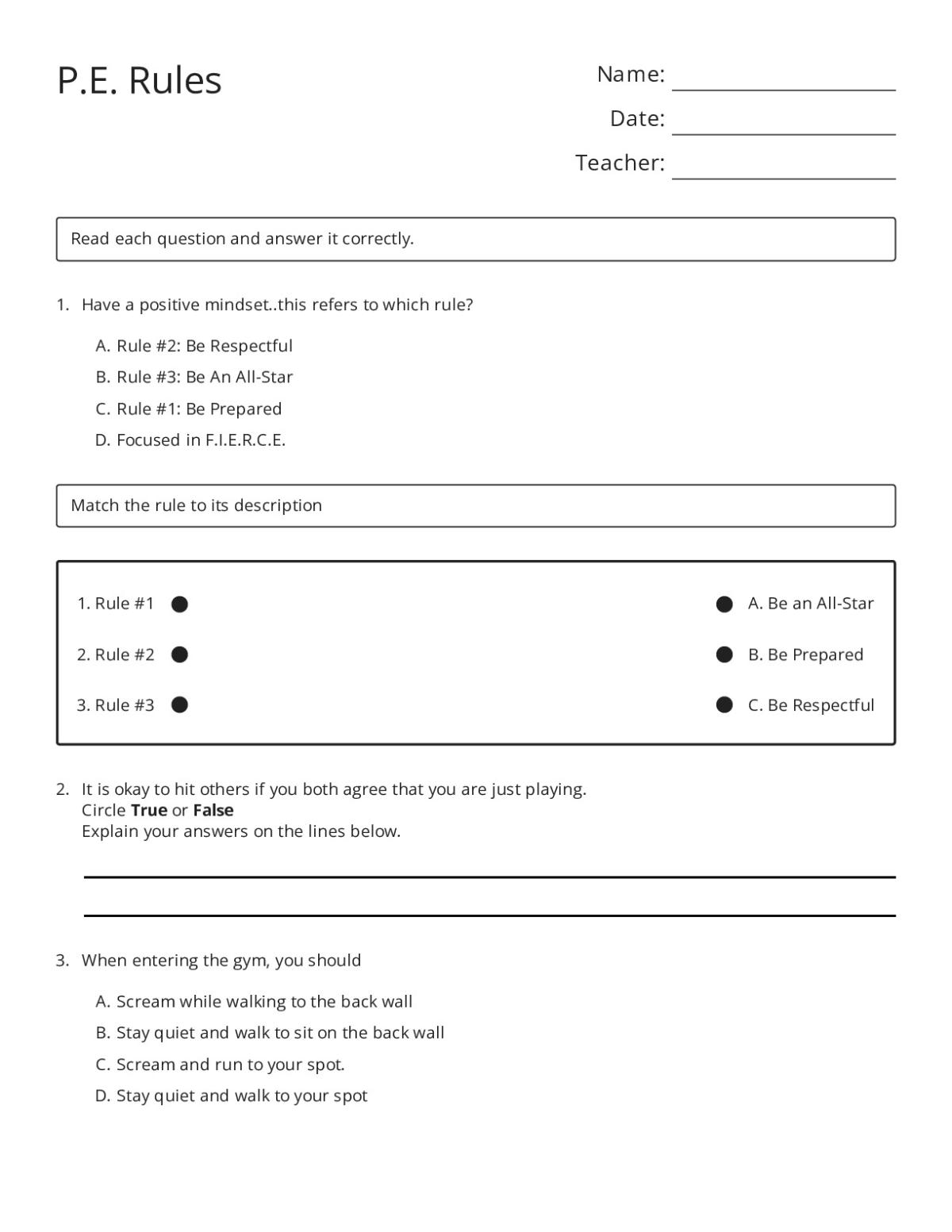 Printable P.E. rules review worksheet for Grades 2–5 with matching, multiple-choice, true/false, and word scramble activities on classroom expectations.