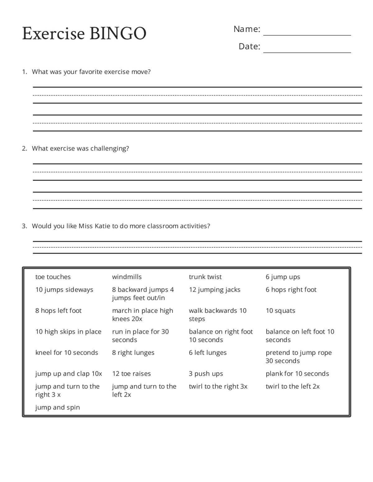 Printable 1st grade exercise bingo card with 29 movement challenges including jumping jacks, squats, lunges, and balance activities.