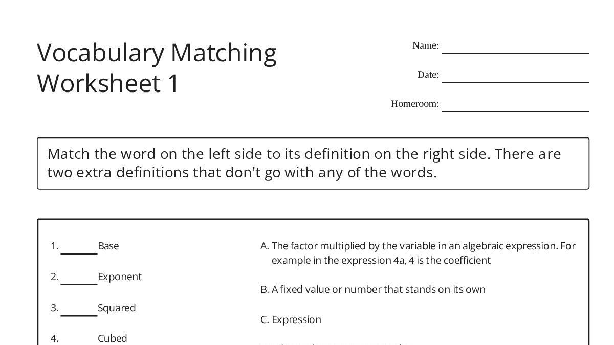 Vocabulary Matching Worksheet 1 - My Worksheet Maker: Create Your Own ...
