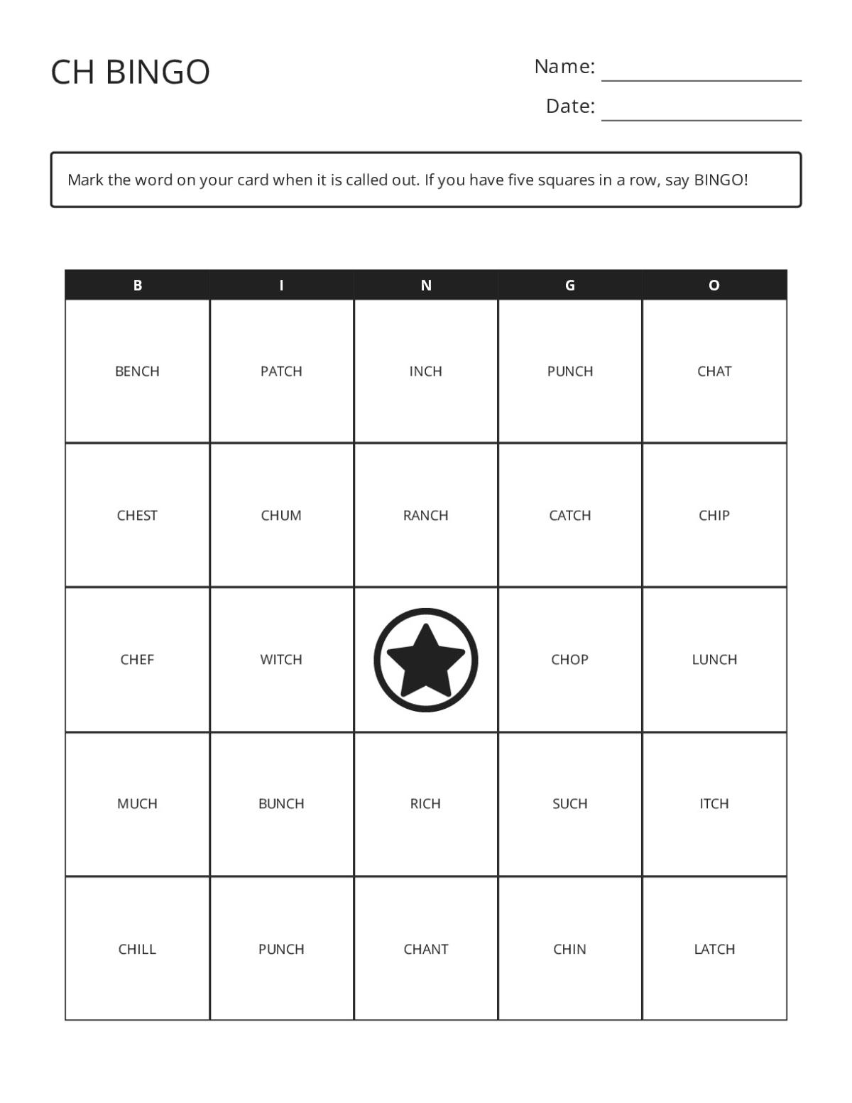 Bingo cards featuring CH digraph words like chat, chest, lunch, and catch.