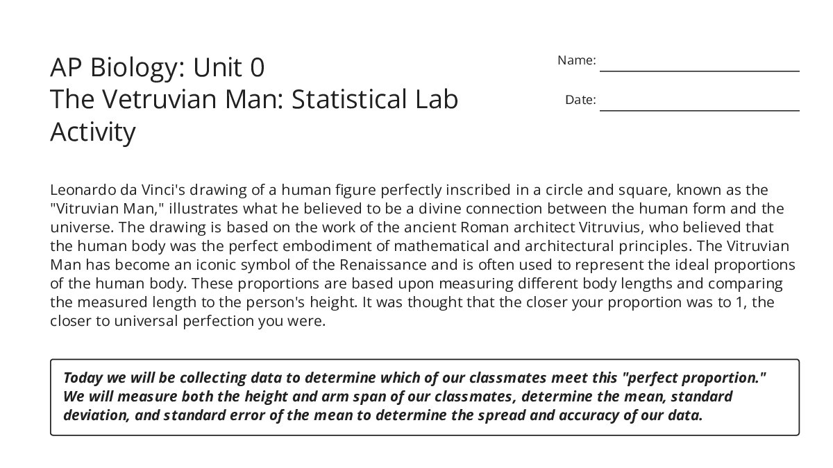 AP Biology: Unit 0 The Vetruvian Man: Statistical Lab Activity - My ...