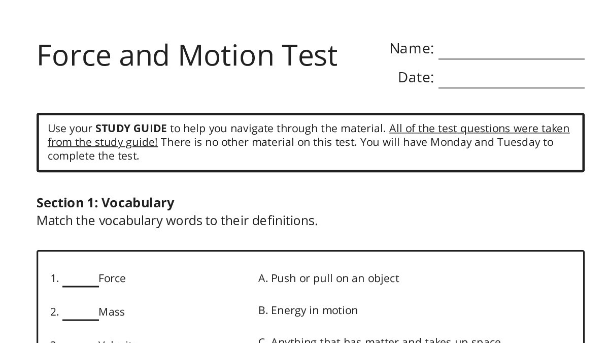 Force and Motion Test - My Worksheet Maker: Create Your Own Worksheets