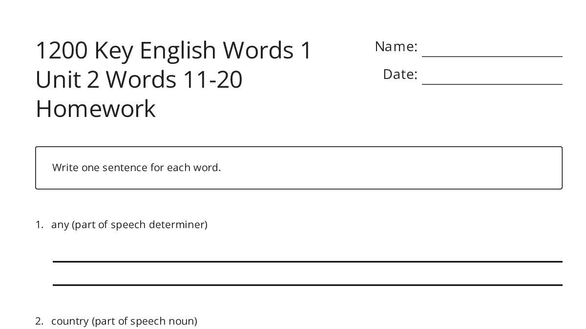 1200 Key English Words 1 Unit 2 Words 11-20 Homework - My Worksheet ...