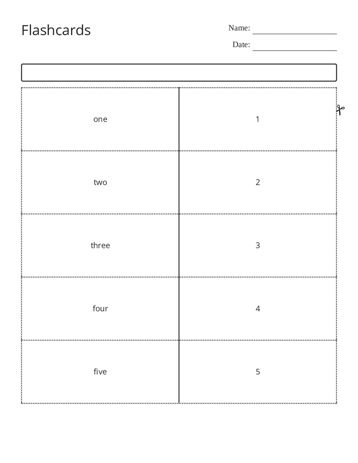 Number words flashcards one through ten for Grade 1 math.