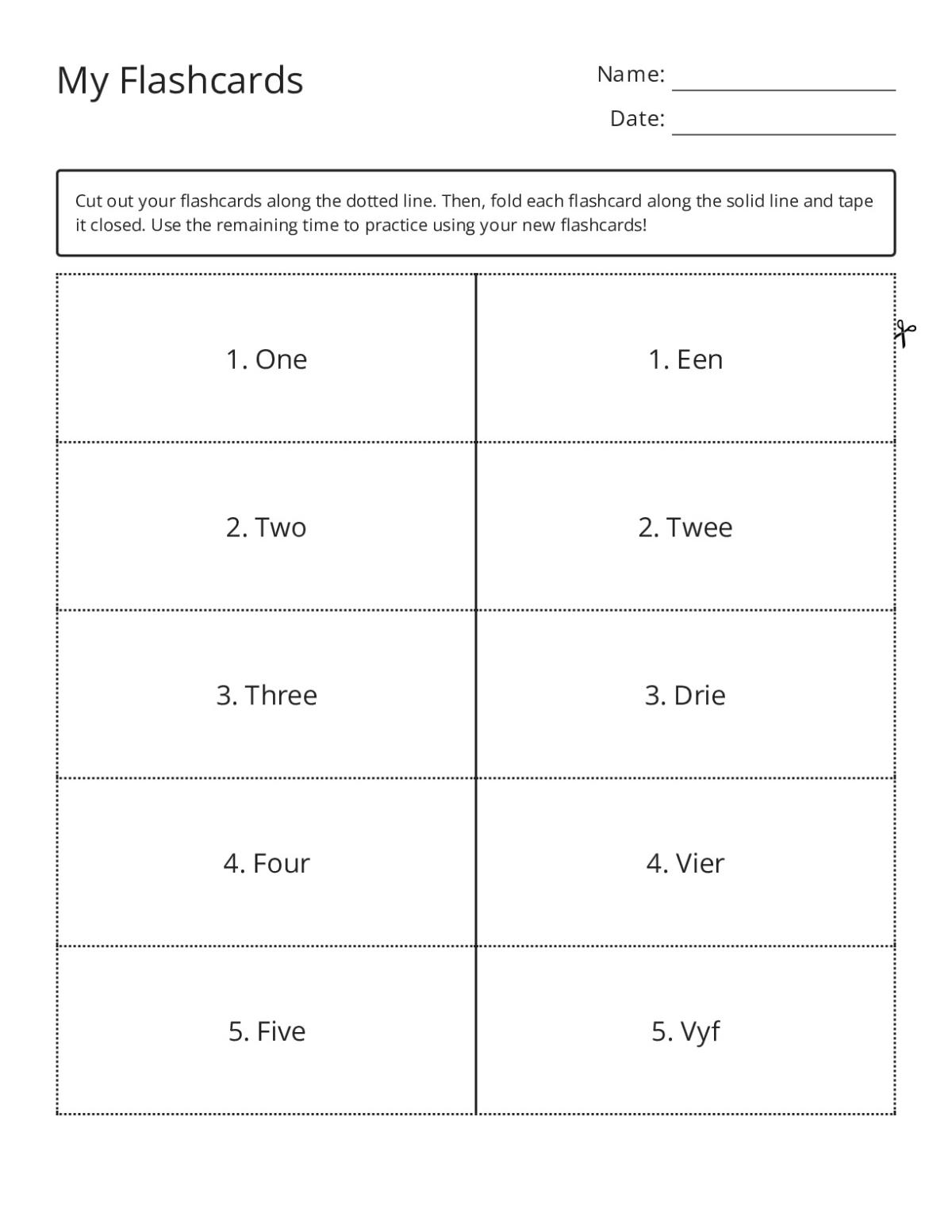 Flashcards showing number words one through ten for Grade 1.