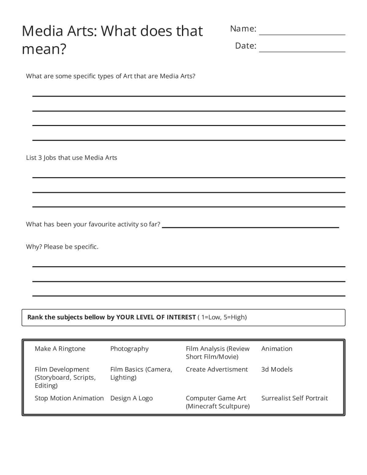 Printable 9th grade media arts survey worksheet with rating scale for animation, photography, film, and digital design projects.