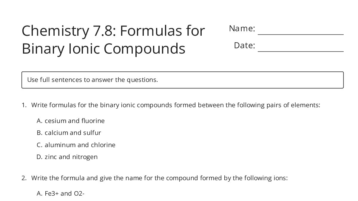 Chemistry 7.8: Formulas for Binary Ionic Compounds - My Worksheet Maker ...