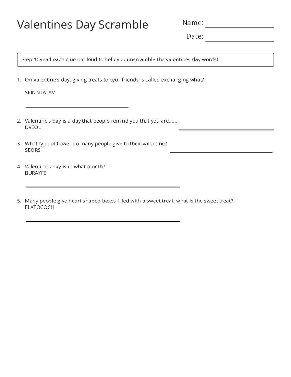 Printable Valentine's Day word scramble worksheet with five holiday-themed vocabulary words for elementary students.