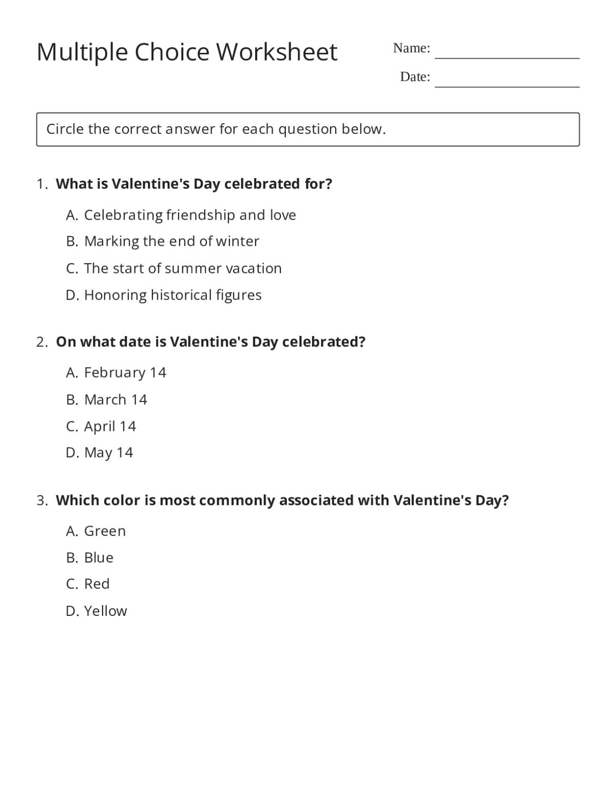Printable Valentine's Day multiple-choice worksheet with six questions on traditions, symbols, and customs of the holiday.