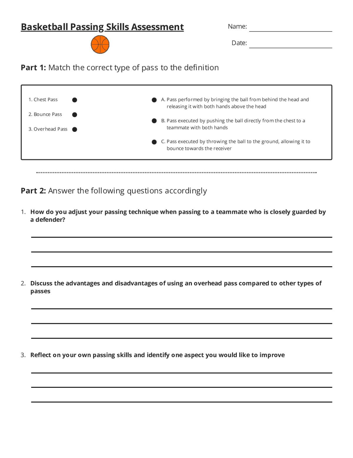 Printable 7th grade basketball assessment with matching pass types and short-answer questions on passing technique.