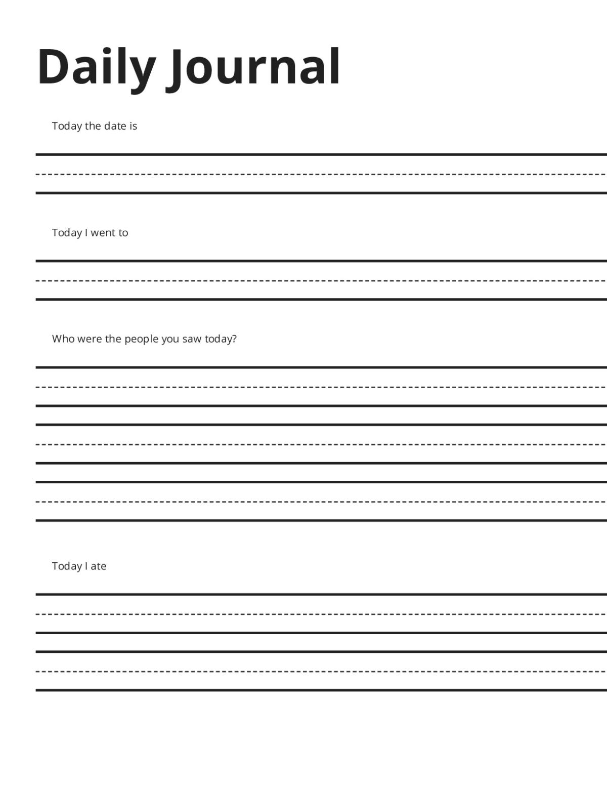 Printable daily journal template for Pre-K and kindergarten with space for handwriting and drawing about the day.