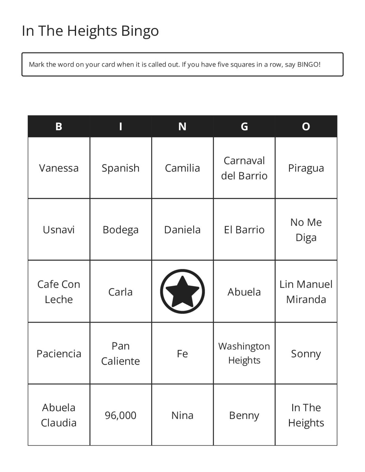 In The Heights bingo cards featuring characters, songs, and cultural terms from the musical.