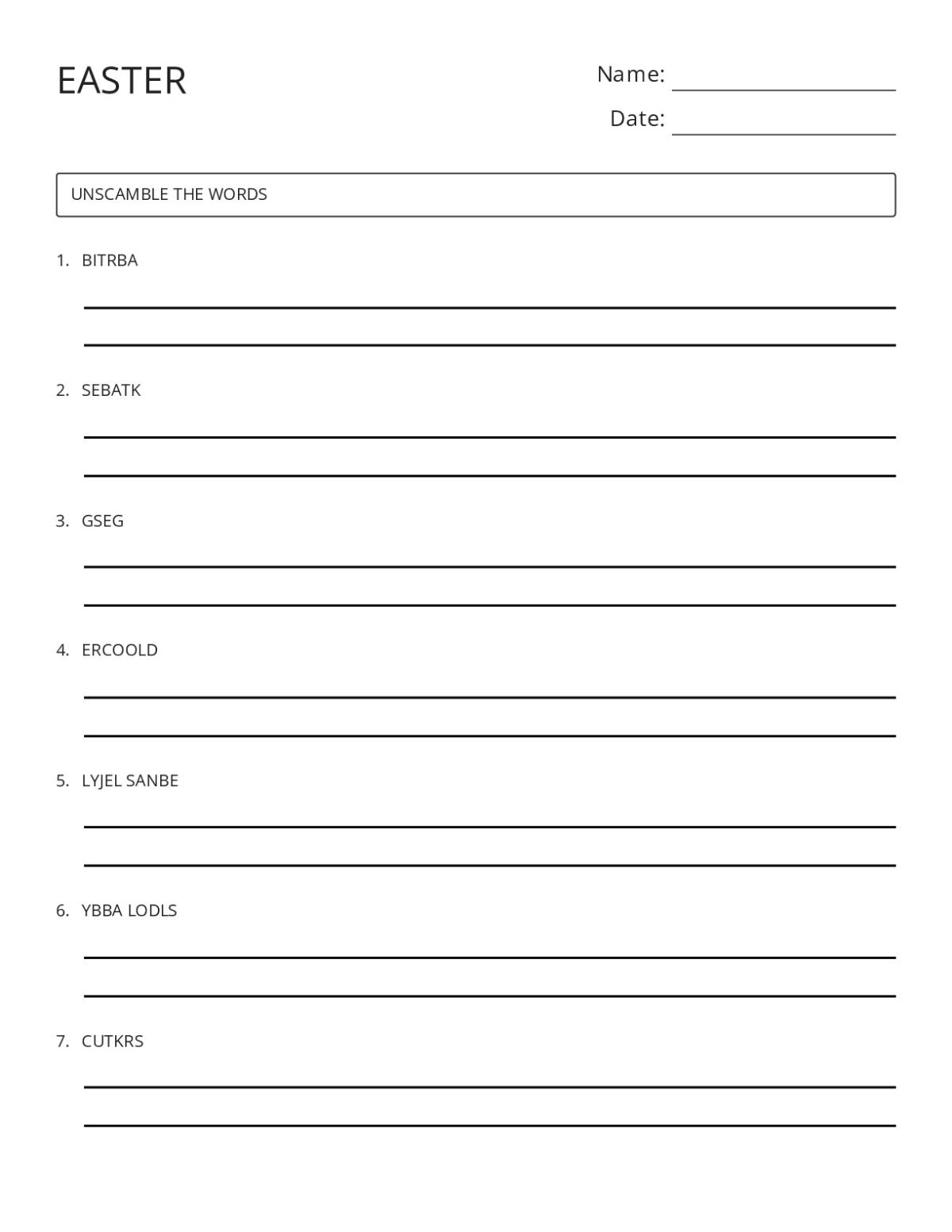Easter word unscramble worksheet for Grades 1–3 with seven holiday-themed words to unscramble.